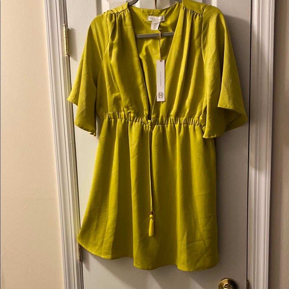 NWT. House of Harlow 1960, Chartreuse deep V-Neck Dress with Tassel